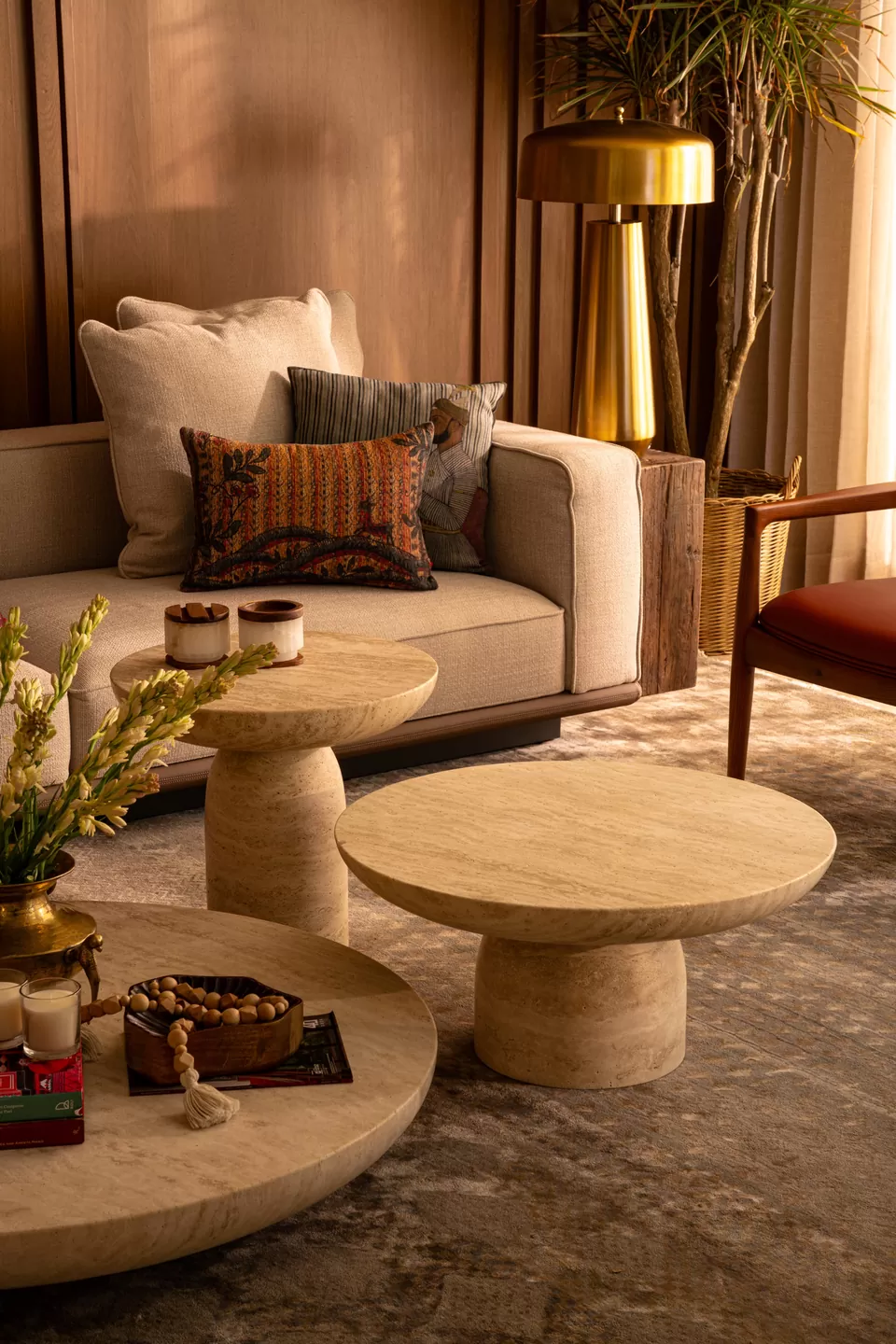 Interior furniture and material details in warm light